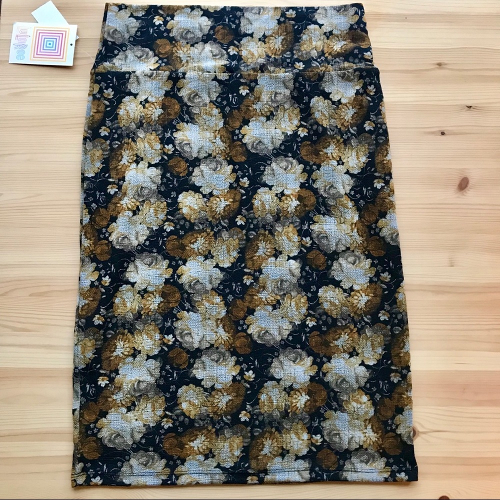LuLa Roe Cassie Skirt Black, gold, brown floral